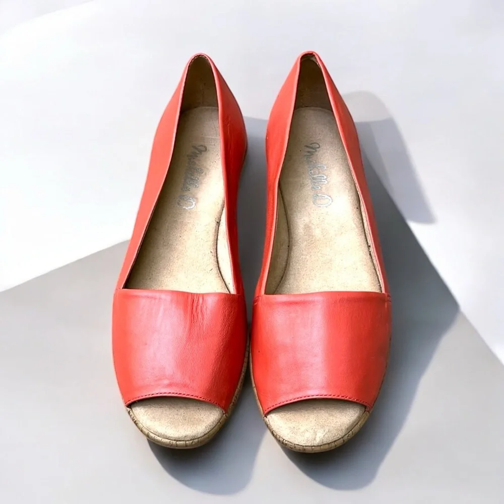 Michelle D Ellena Leather Low Wedge Open Toe Shoe in Coral Size 6 1/2